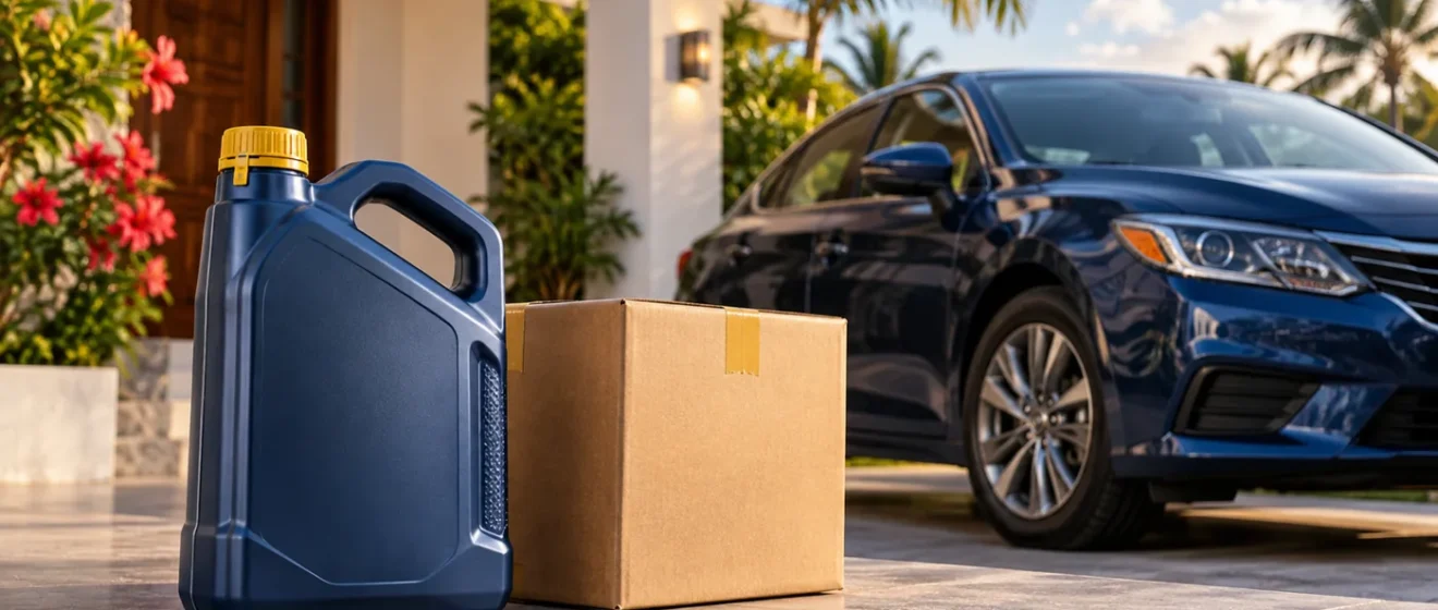 Ilustración conceptual de aceite sellado y caja de entrega junto a un automóvil frente a una casa