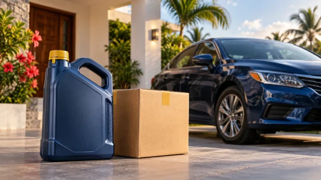 Ilustración conceptual de aceite sellado y caja de entrega junto a un automóvil frente a una casa