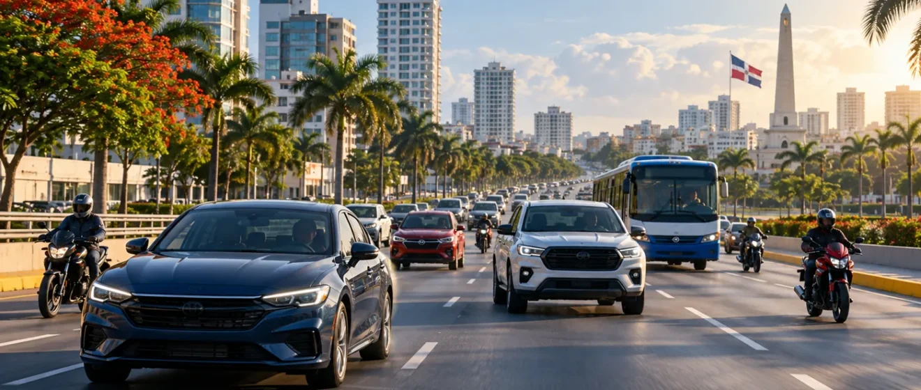 Ilustración conceptual de vehículos diversos en una avenida dominicana; no es una fotografía estadística
