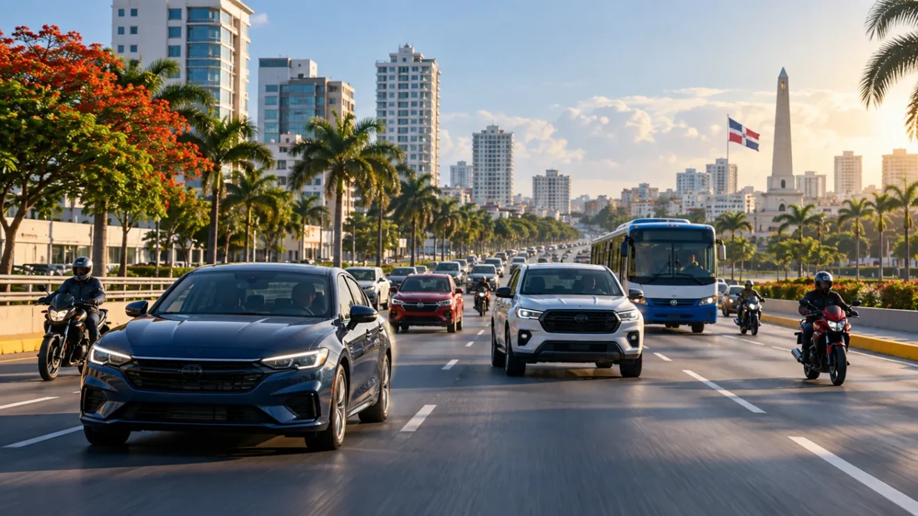 Ilustración conceptual de vehículos diversos en una avenida dominicana; no es una fotografía estadística