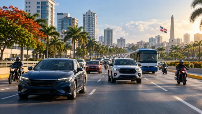 Ilustración conceptual de vehículos diversos en una avenida dominicana; no es una fotografía estadística